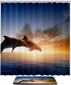Two Dolphin Sunst Bathroom Bath Curtain featuring Accessories and Modern Waterproof Fabric Shower Curtain Design