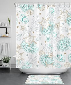 Under the Sea Turtle and Coral Shower Curtain for Ocean Bathroom Decor