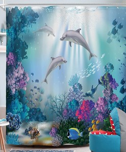 Underwater Dolphin Shower Curtain with Tropical Fish and Coral Reefs for Ocean Lovers - Bathroom Decor