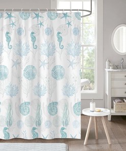 Underwater Marine Bathroom Decor Coastal Shower Curtain with Sea Horse and Starfish Print for Nautical Bathroom Decor