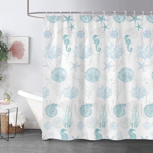 Underwater Marine Bathroom Decor Coastal Shower Curtain with Sea Horse and Starfish Print for Nautical Bathroom Decor