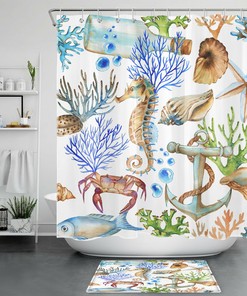 Underwater World Shower Curtain with Watercolor Seahorse, Bathroom Accessories and Decor