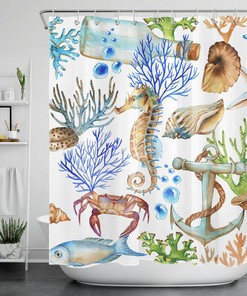 Underwater World Shower Curtain with Watercolor Seahorse, Bathroom Accessories and Decor