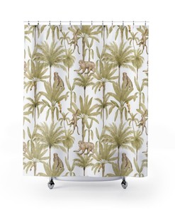 Unique Monkey Palm Shower Curtain - Golden Olive Tree Print Bathroom Curtain with Botanical Pattern