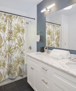 Unique Monkey Palm Shower Curtain - Golden Olive Tree Print Bathroom Curtain with Botanical Pattern