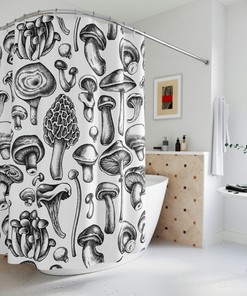 Unique Mushroom Design White and Black Shower Curtain for Cottagecore Decor