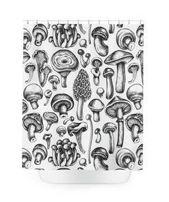 Unique Mushroom Design White and Black Shower Curtain for Cottagecore Decor