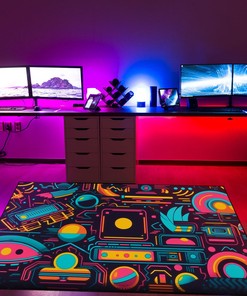Unique Neon Seamless Pattern with 80s or 90s Abstract Arcade Customizable Game Room Carpet