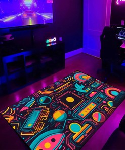 Unique Neon Seamless Pattern with 80s or 90s Abstract Arcade Customizable Game Room Carpet