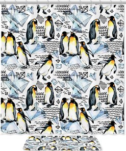 Unique and Majestic Watercolor Penguin Diamond Pattern Waterproof Shower Curtain 