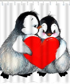 Valentine's Day Love Penguin Shower Curtain Holding Red Heart for Romantic Home Decor