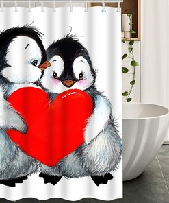 Valentine's Day Love Penguin Shower Curtain Holding Red Heart for Romantic Home Decor
