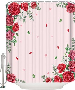 Valentine's Day Rose Shower Curtain - Red Flower Print on Saint Valentine's Fabric for Romantic Bathroom Decor