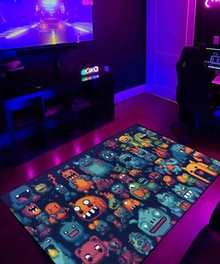 Vibrant Pixel Monsters Vector Pattern Art Gamer Rug for Bedroom