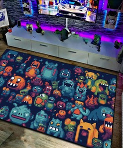 Vibrant Pixel Monsters Vector Pattern Art Gamer Rug for Bedroom