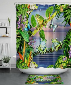 Vibrant Tropical Plant Shower Curtain in Palm Leaf and Flower Pattern for Chic Bathroom Decor