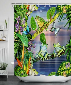 Vibrant Tropical Plant Shower Curtain in Palm Leaf and Flower Pattern for Chic Bathroom Decor