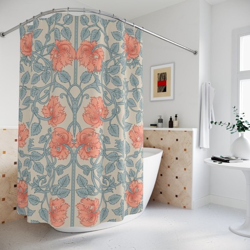 Victorian Garden Retro Vintage Shower Curtain with Antique Botanical Floral Design, Housewarming Gift