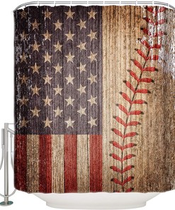 Vintage American Flag Baseball Theme Sports Shower Curtain for a Sports-Inspired Bath Decor
