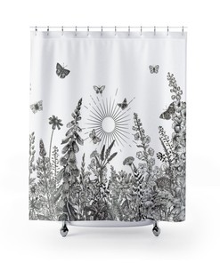 Vintage Botanical Shower Curtain with Butterfly and Meadow Pattern - Artistic Bathroom Art