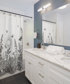 Vintage Botanical Shower Curtain with Butterfly and Meadow Pattern - Artistic Bathroom Art