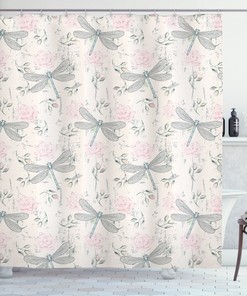 Vintage Dragonfly Shabby Chic Shower Curtain, Bathroom Curtain for Housewarming Gift