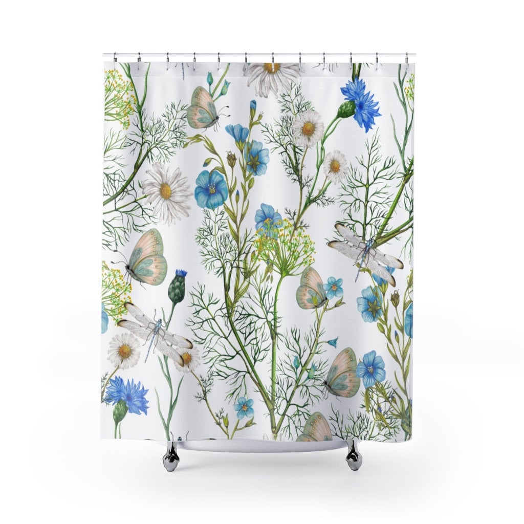 Vintage Floral Butterfly Country Bathroom Curtains - Botanical Shower Curtain
