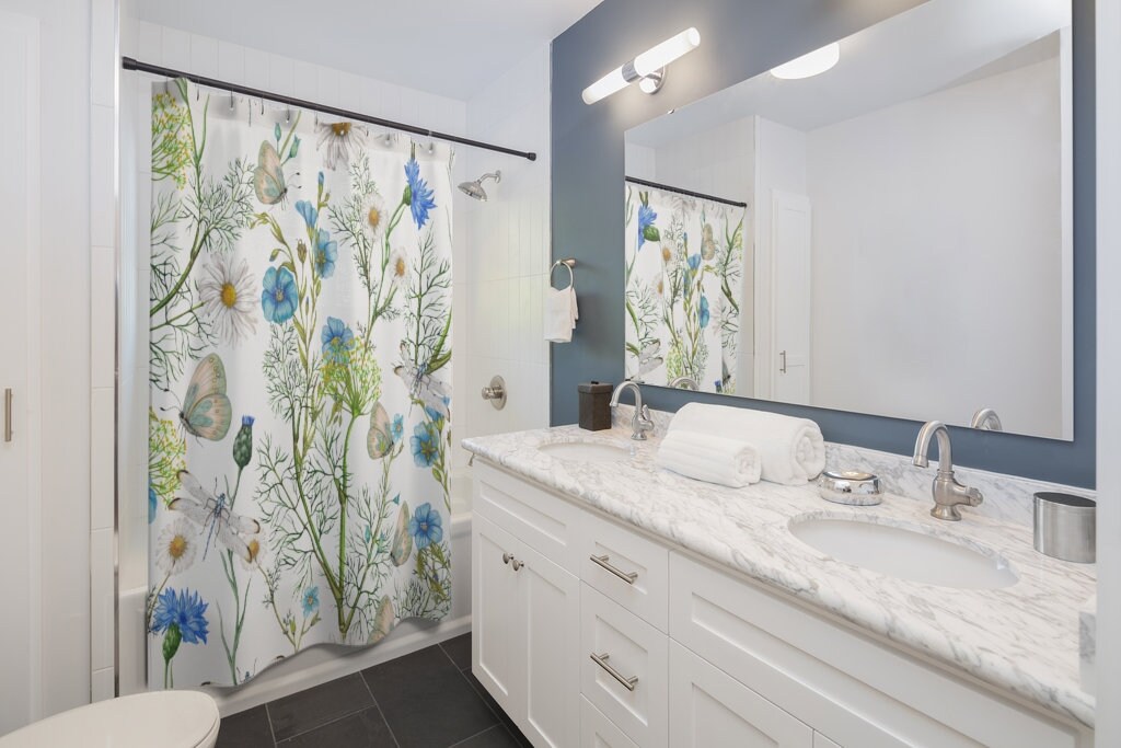 Vintage Floral Butterfly Country Bathroom Curtains - Botanical Shower Curtain