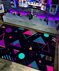 Vintage Grunge Neon Style Baubles and Triangles Rug - Add a Pop of Color to Your Living Space