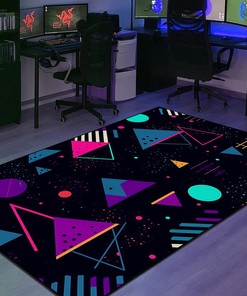 Vintage Grunge Neon Style Baubles and Triangles Rug - Add a Pop of Color to Your Living Space