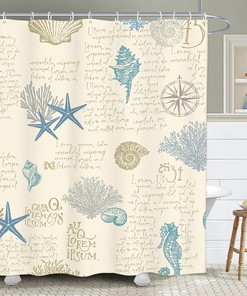 Vintage Nautical Coral Beach Seashell and Starfish Shower Curtain for Coastal Bathroom Decor 
