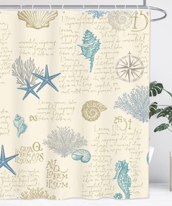 Vintage Nautical Coral Beach Seashell and Starfish Shower Curtain for Coastal Bathroom Decor
