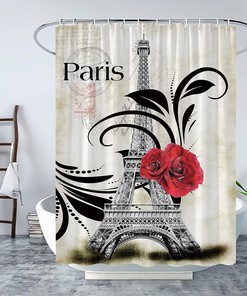 Vintage Paris Eiffel Tower Shower Curtain - Red Rose Stamp Floral France Art Bathroom Decor