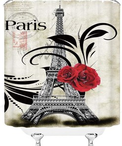 Vintage Paris Eiffel Tower Shower Curtain - Red Rose Stamp Floral France Art Bathroom Decor