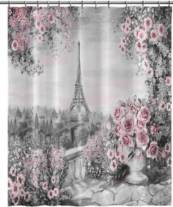 Vintage Paris Painting Eiffel Tower Pink Rose Flower Spring Cityscape Gray Shower Curtain - Fabric Bathroom Bath Curtains