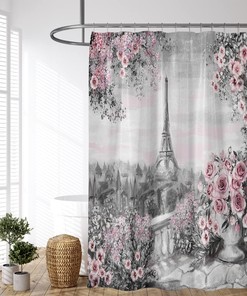 Vintage Paris Painting Eiffel Tower Pink Rose Flower Spring Cityscape Gray Shower Curtain - Fabric Bathroom Bath Curtains