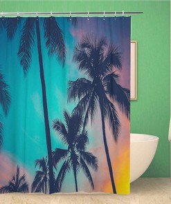 Vintage Retro Filtered Hawaii Palm Trees at Sunset Summer Beach Shower Curtain for Home Decor
