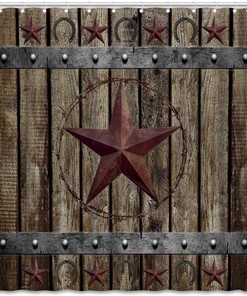 Vintage Rusty Brown Stars Farmhouse Primitive Country Fabric Shower Curtain with Western Texas Star Horseshoes Design