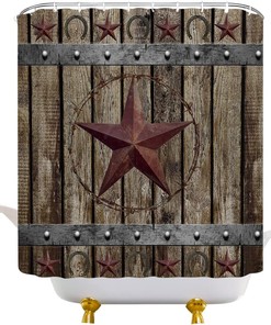 Vintage Rusty Brown Stars Farmhouse Primitive Country Fabric Shower Curtain with Western Texas Star Horseshoes Design