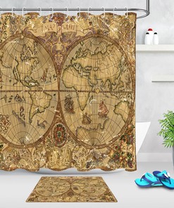 Vintage World Map Pirate Ship Waterproof Fabric Shower Curtain for Bathroom