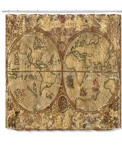 Vintage World Map Pirate Ship Waterproof Fabric Shower Curtain for Bathroom