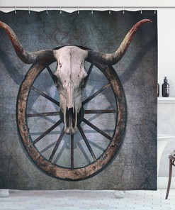 Wagon Wheel Skull Print Shower Curtain - Bathroom Curtain Decor