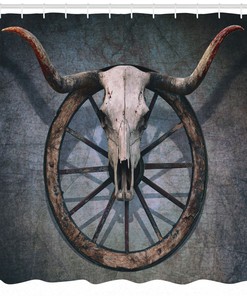 Wagon Wheel Skull Print Shower Curtain - Bathroom Curtain Decor