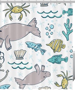 Walrus and Fish Anchor Shower Curtain for Sea Life Bathroom Decor 