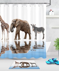 Water Reflection Animals Shower Curtain - Giraffe Elephant Zebra Bathroom Decor Fabric Curtain