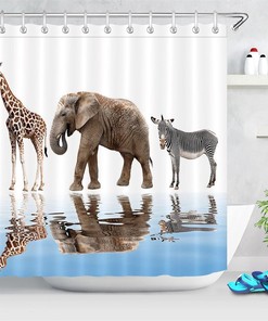Water Reflection Animals Shower Curtain - Giraffe Elephant Zebra Bathroom Decor Fabric Curtain