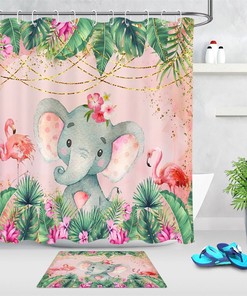 Watercolor Floral Elephant and Flamingo Shower Curtain - Bathroom Makeover