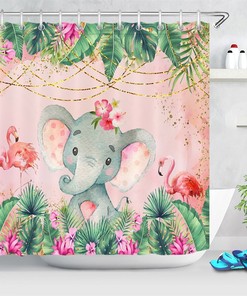 Watercolor Floral Elephant and Flamingo Shower Curtain - Bathroom Makeover