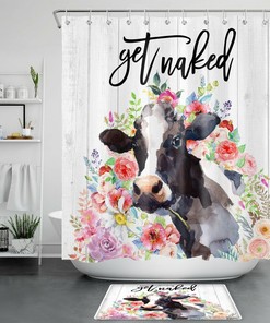 Watercolor Flower Cow Shower Curtain with Rustic Board Farmhouse Decor