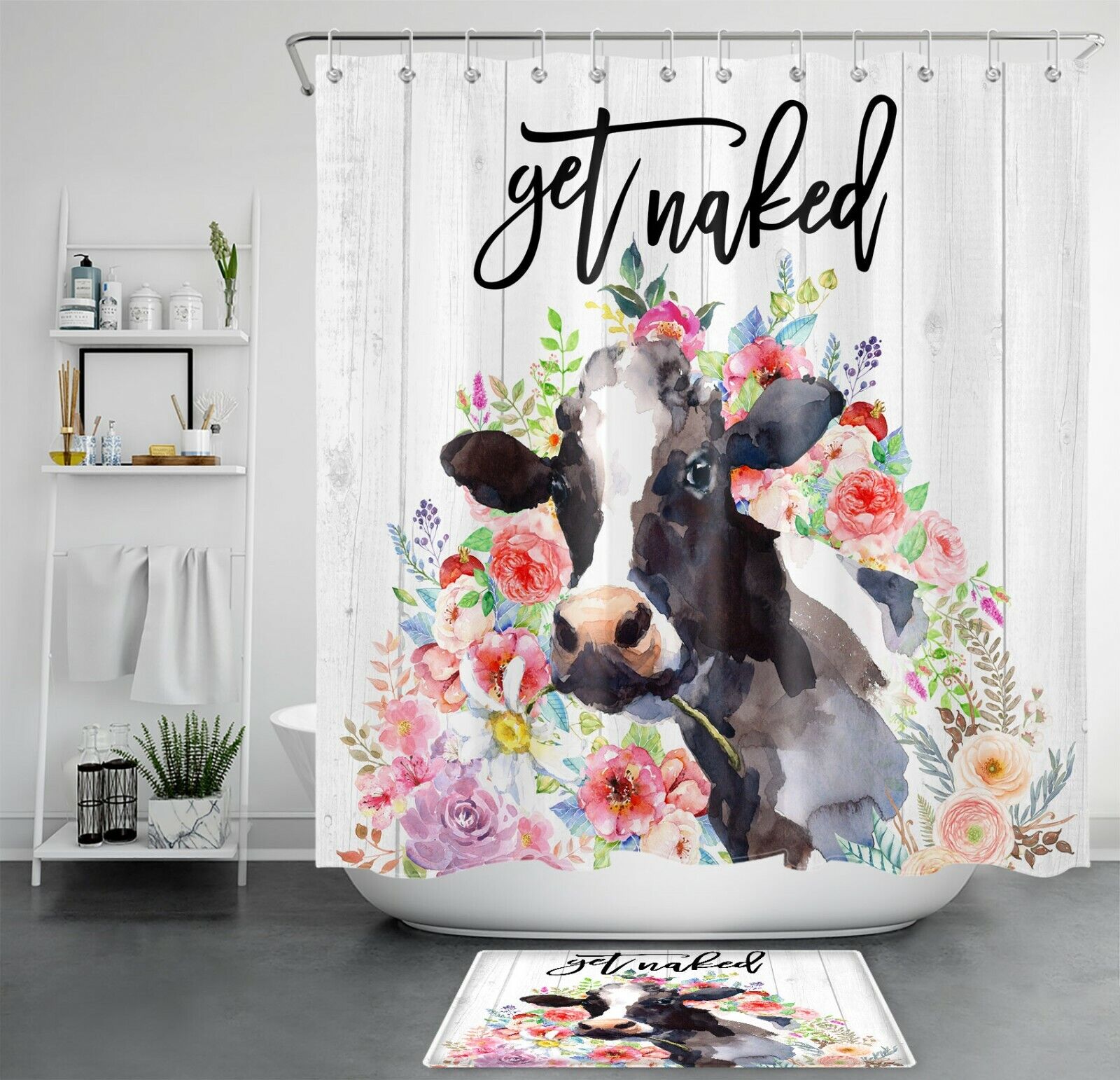 Watercolor Flower Cow Shower Curtain with Rustic Board Farmhouse Decor